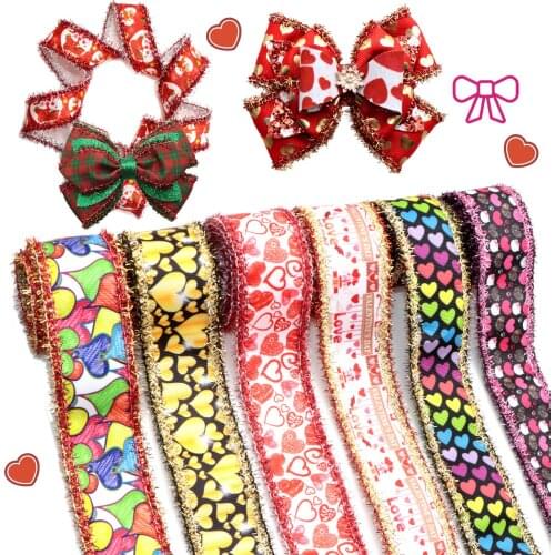 38MM/75MM 2Yard/roll Love Heart Grosgrain Ribbon with Tinsel Edges For Burlap Wreaths Hairbows Accessories,2Yc20810