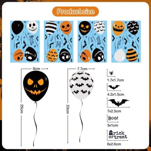 4 Sheet Halloween Window Static Stickers Pumpkin Ghost Bat Balloon Pattern Double-sided Clings Decal for Window Door Decoration