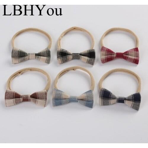 6pcs/lot Classic Plaid Linen Cotton Bows Nylon Headbands Super Soft Skinny Nylon Hairbands Baby Girls Hand Tie Hair Accessories