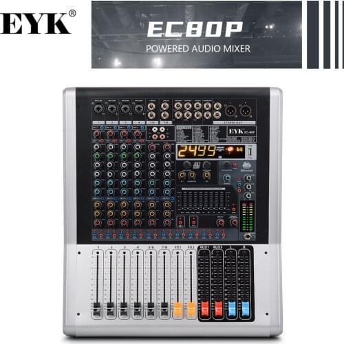 EYK EC80P 8 Channels 4 Mono,2 Stereo Powerd Audio Mixer 650W x 2 with 9 Band EQ 99DSP Dual Effects Bluetooth USB 2 AUX for Stage