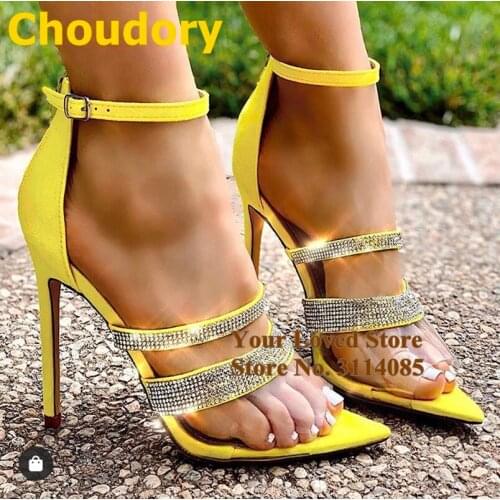 Choudory Transparent PVC Pointed Toe Sandals Stiletto Heels Bling Bling Crystal Strappy Wedding Shoes Patchwork Prom Shoes Pumps
