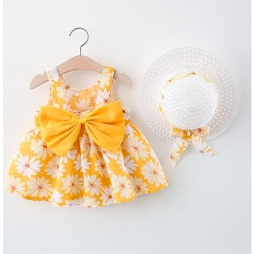 2PCS Summer Toddler Girl Clothes Set Baby Beach Dresses Cute Bow Floral Sleeveless Cotton Newborn Princess Dress+Sunhat 2021