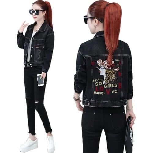 Womens embroidered denim jacket short wild long-sleeved denim spring new student slim short jacket women