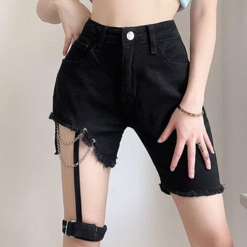 SXGOTH Jeans Gothic Grunge 2021 Halloween Pant Cyber Gothic Aesthetic Denim High Waist Short Chain Mall Streetwear Ripped Egirl