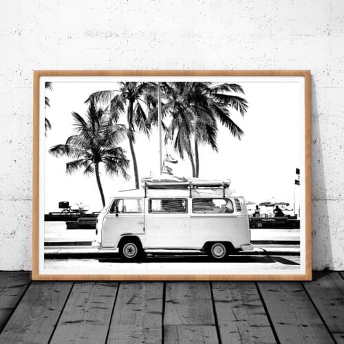 Vintage Coastal Photography Print Retro Bus Van Camper And Black Palm Tree Canvas Painting Wall Picture Coastal Art Decor