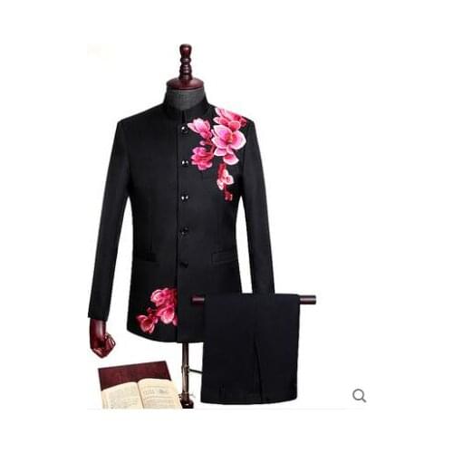 Blazer men Chinese tunic suit set with pants costume homme mariage singer star style dance stage clothing formal dress black