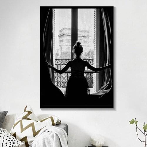 Minimalist Black and White Window Girl Ballerina Posters Dancer Canvas Painting Wall Art Picture For living Room Decor Unframed