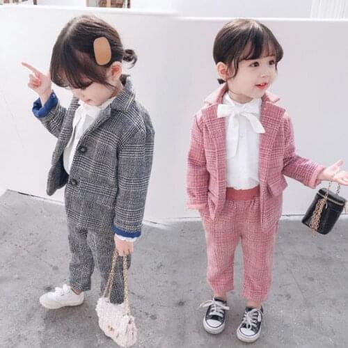DFXD Fashion Spring Autumn Toddler Girls Sets 2pc Outfits Children Clothing Set Plaid Coat+Long Pant Blazer Suits Cotton Clothes