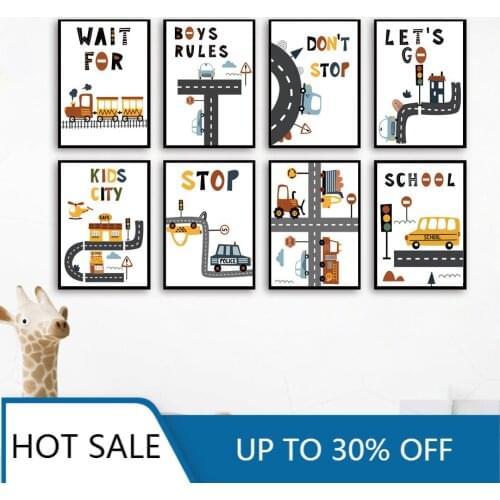 Cartoon Kids City Car Train Driver Club Wall Art Canvas Painting Posters Prints Nordic Wall Decor For Baby Boy Room Decor