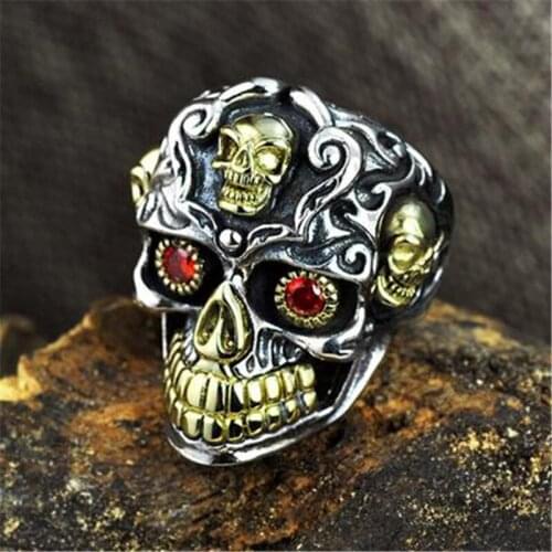 SECRET BOYS Retro Personality Two-tone Stainless Steel Skull Ring Mens Punk Jewelry Size 7-14