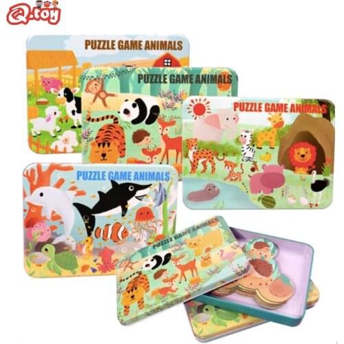 New Products Iron Box Wooden Jigsaw Puzzle Circle Shape Animal Pairing Wooden Puzzle Game Children Early Education Wooden Toys