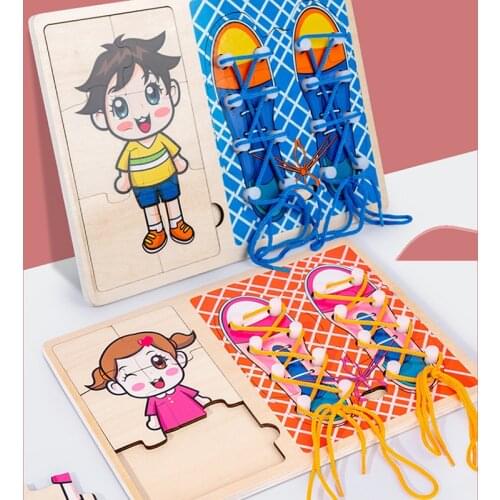 New Wooden Children Fine Movement Exercise Jigsaw Tie Shoelace Toy Boys And Girls Hands-on Exercise Montessori Education Tools