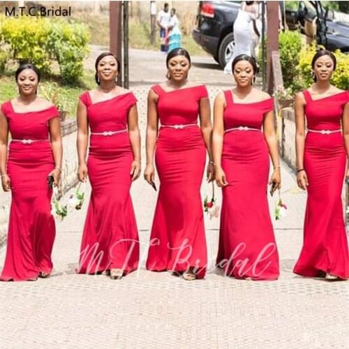 Wholesale Red Mermaid Long Bridesmaid Dresses With Golden Sash Plus Size Black Girls Wedding Guest Dress Robe De Soiree Cheap