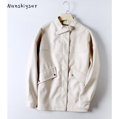 2021 Autumn Faux Leather Jacket Korean Loose Oversized Jaqueta De Couro Feminina Black Beige Casual PU Leather Motorcycle Coat