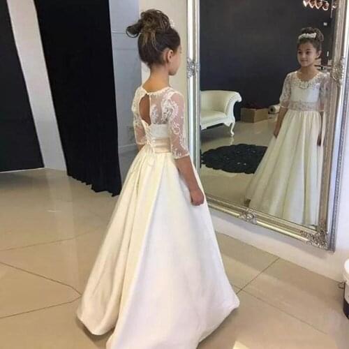 Autumn Winter Half Sleeve Flower Girl Dresses Lace Wedding Formal Dresses Teenage Girls Pageant Dress for Girls 2-14 Years
