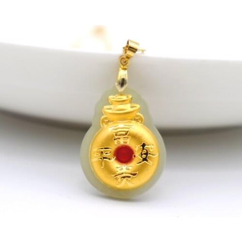 Gold Ingot Design Hetian Jade Necklace For Men Women 24k Gold Treasure Peaceful Wealthy Lucky Pendants Fine Jewelry Male Female