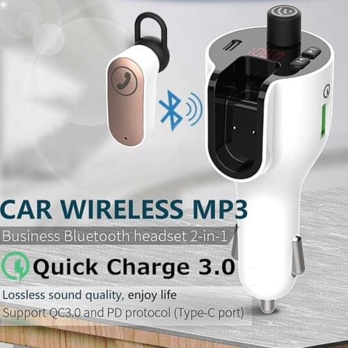 PD QC3.0 Car Charger Wireless FM Transmitter Bluetooth Earphone Business Talking Headset Handsfree Car kit with Magnetic Chargin