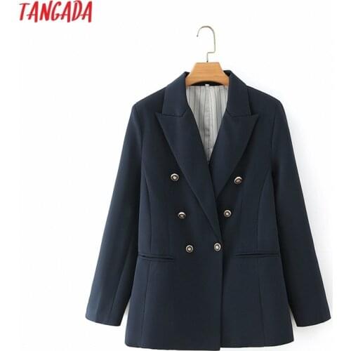 Tangada Women 2020 Fashion Fit Navy Blazer Coat Vintage Double Breasted Long Sleeve Female Outerwear Chic Tops DA170