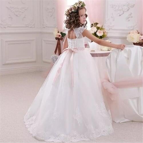 White Flower Girls Dresses Sleeveless Lace Applique Tulle Fluffy Floor Length Girls First Holy Communion Princess Dresses