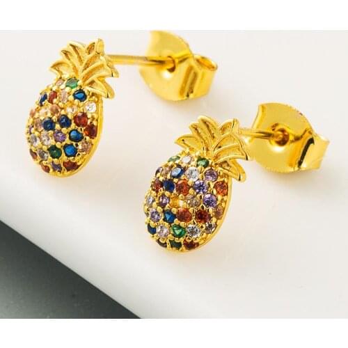 18K Gold Plated Pineapple w/ Colourful Zircon Stones Drop Earrings Jewelry for Women Girls