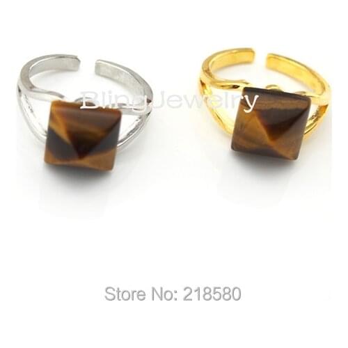 H-R02 Healing Stone Tiger Eye Pyramid Ring Silver or Gold Adjustable Ring