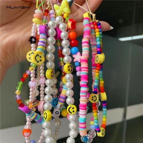 HUANZHI New Mobile Phone Strap Lanyard Colorful Smile Pearl Soft Pottery Rope for Women Cell Phone Case Hanging Cord Beads Chain
