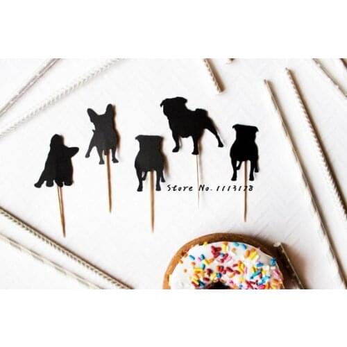 Silhouette Dog Cupcake Toppers // Pug custom dog breed wedding pet Birthdays baby shower Party treat food picks photo booth prop