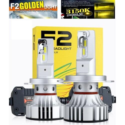 2PCS H4 F2 3000K Golden Yellow LED Headlight H7 H8 H9 H11 9005 9006 9012 HB3/4 HIR2 72W 12000LM CSP Chips Foggy Snowy Rainy & 6K