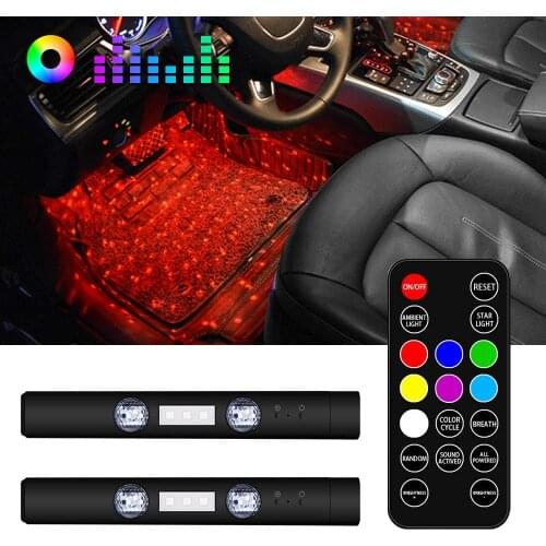 2 X RGB LED Car Interior Lights Wireless Rechargeable Foot Ambient With Remote Music Control Multiple Starry Sky Decorative Lamp