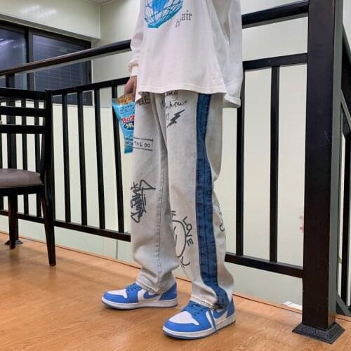 Spring and summer jeans boys trousers loose straight Korean fashion style printed high street floor trousers