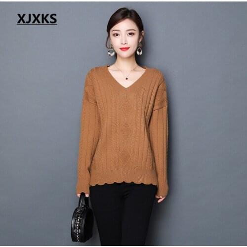 XJXKS Fashion V-neck long-sleeved women sweater 2020 spring winter new high-quality cashmere knitted sweater women pullover