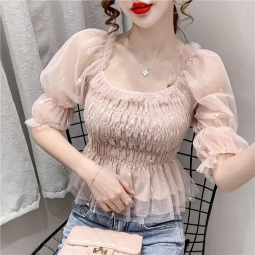 2021 spring and summer fashion temperament new short net gauze bubble short-sleeved square collar western-style blouse women