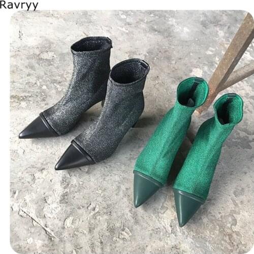 Bling Bling elastic Green Woman Ankle Booties mixed color patch work Short Boot Square Toe Fashion Female Shoe Autumn Outfit