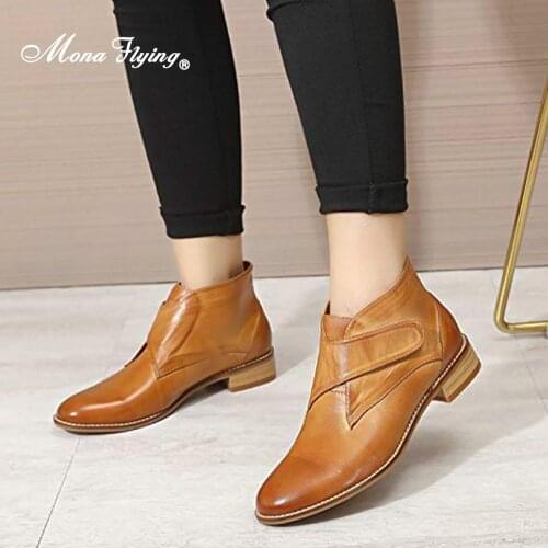 Mona Flying Womens Premium Leather Boots Hook&Loop Ankle Heels Fashion Booties with Low Heel For Ladies 2020 New Winter 068-8