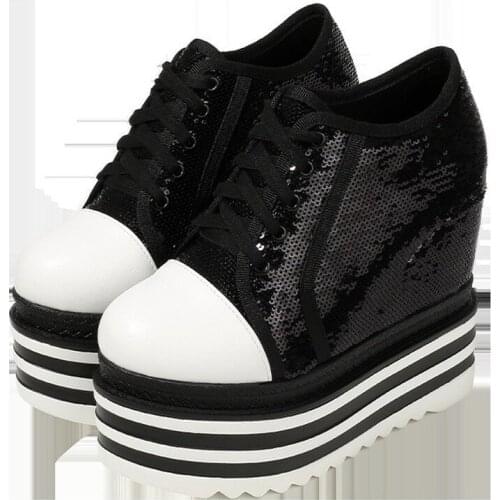Womens Round Toe Sequins Bling Platform Wedge Super High 13CM Heel Sneakers Casual Shoes Lace Up Black Sliver New