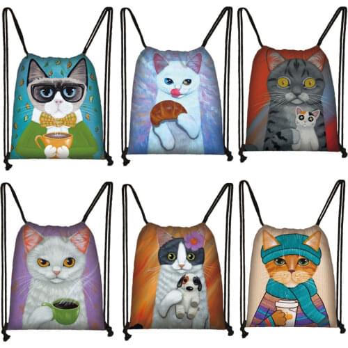 Cute Cat With Coffee Print Drawstring Bag Women Softback Backpack Girls Daypack Ladies Storage Bag for Travel Shoes Holder