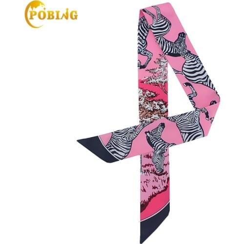 POBING 2018 Spain Zebra Print Silk Scarf Women Luxury Brand Scarf Bag Ribbons Twill Silk Head Scarf Small Long Scarves 100*5CM