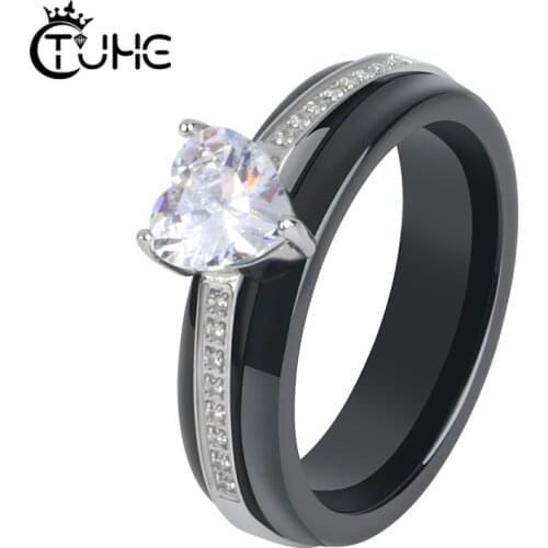 Fashion Ceramic Crystal Heart Shaped Wedding Rings Womens Zircon Engagement Rings Glamour Jewelry Top Quality