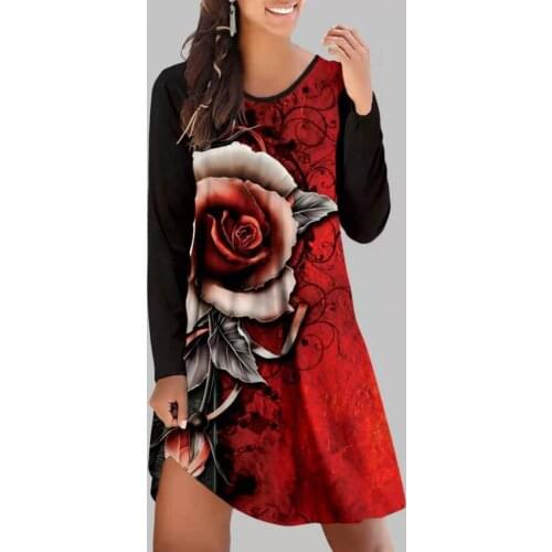 Women Vintage Floral Print A-Line Dress Irregular Hem Autumn Long Sleeve O Neck Casual Dresses Fashion Streetwear Vestidos