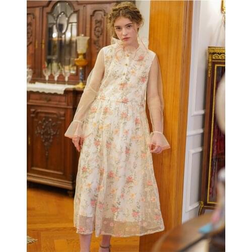 Women Spring Autumn Vintage Mori Girl Luxury Embroidery Mesh Long Dress Ladies Retro Sweet Beading Sequins Casual Loose Dress