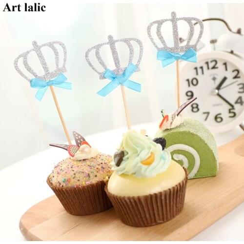 10PCS Cupcake Toppers Bling Gold Sliver Crown Insert Cards with Toothpick Cake Decoration for Wedding Birthday Party Decoration