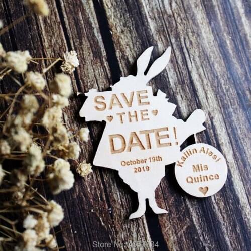 Wooden White Rabbit Shaped Personalised SAVE THE DATE Magnets Alice Wedding