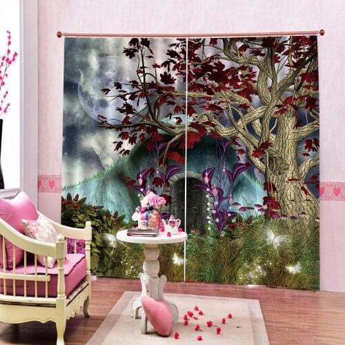 Fantasy cartoon Red leaves Big tree landscape Curtain Personality Creative Photo Print For Living room Bedroom Blackout Drapes
