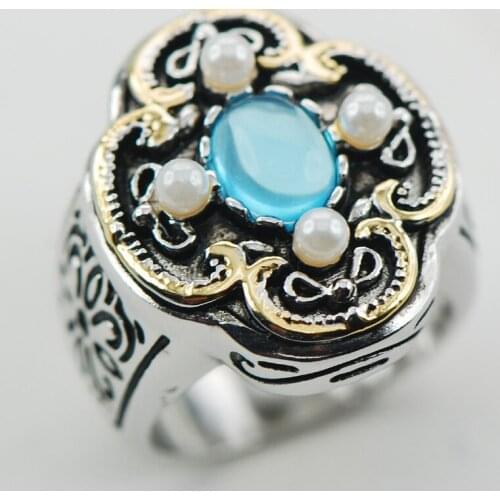 Simulated Aquamarine Wtite Pearl 925 Sterling Silver Ring Size 6 7 8 9 10 F990