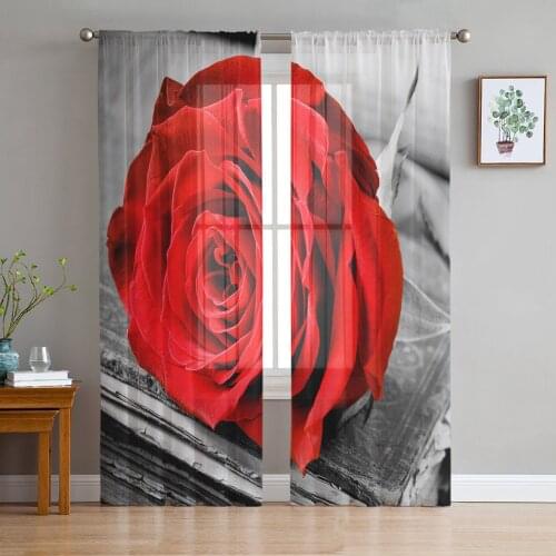 Red Rose On Shabby Book Sheer Curtains for Living Room Bedroom Kitchen Chiffon Tulle Curtains Home Hotel Coffee Decor