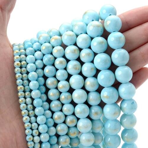 4/6/8/10/12mm Light Blue Golden Jades Round Loose Natural Stone Beads for Jewelry Making DIY Bracelet Necklace Accessories