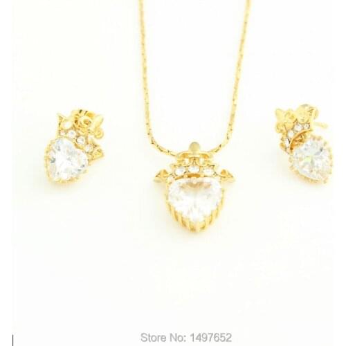 Fashion Jewelry . Gold Color Zircon Crown Pendant Necklace Earrings Wedding Jewelry Sets For Women