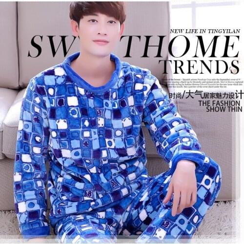 Mens Sleep Lounge 2pcs Fleece Pajamas Mens Winter Coral Homewear Male Long Sleeve O Neck Sleepwear Pull Over Plus Size D-2081