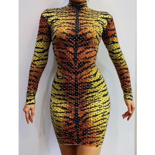 2020 New Sexy Tiger Pattern Printed Dress Rhinestones Stretch Mini Dress Singer Dress Womens Birthday Celebrate Dress
