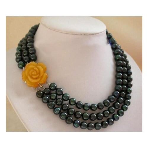 New Arriver Pearl Necklace,Super 3 Rows 9-10mm Black Freshwater Cultured Pearl Jewellery,Free Shipping